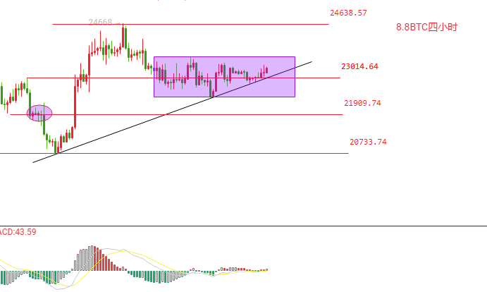 BTC在23000区域吸筹<strong></p>
<p>BTC</strong>，筹码饱和即分边突破